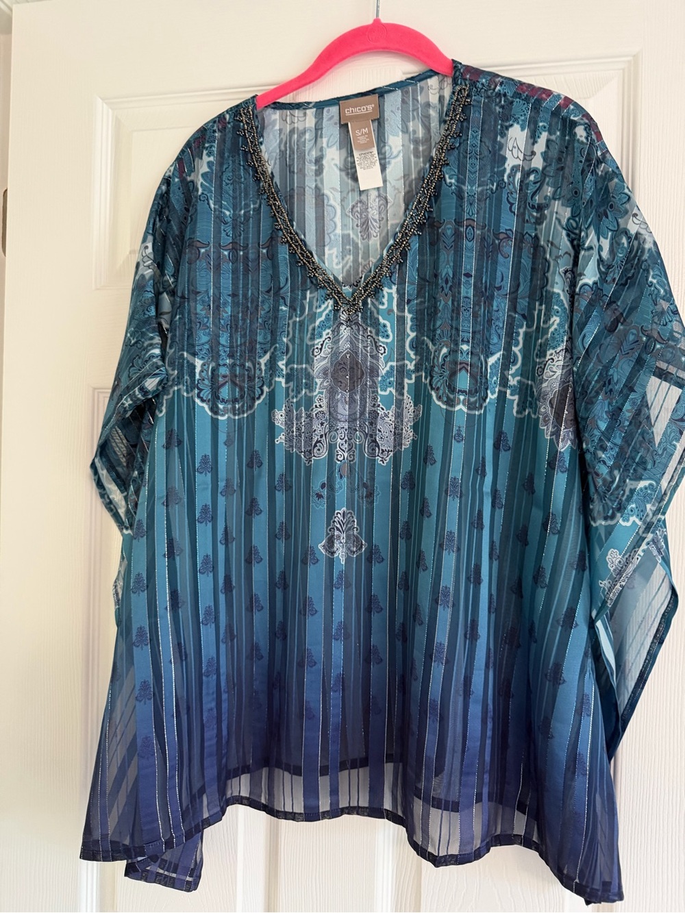 Chico's Teal and Navy Sheer V-Neck Beaded Tunic